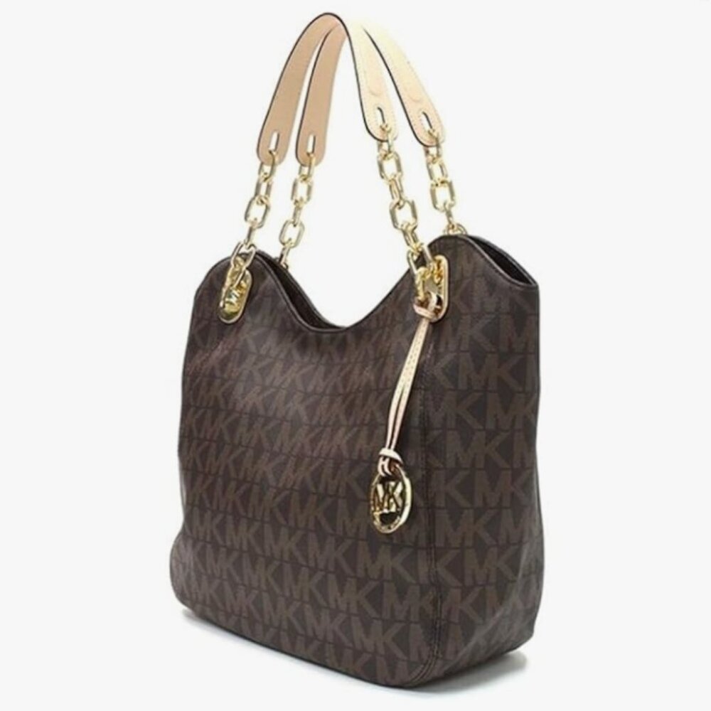 EUC Michael Kors Lilly Brown Signature Monogram Chain Tote Bag - Picture 2 of 10